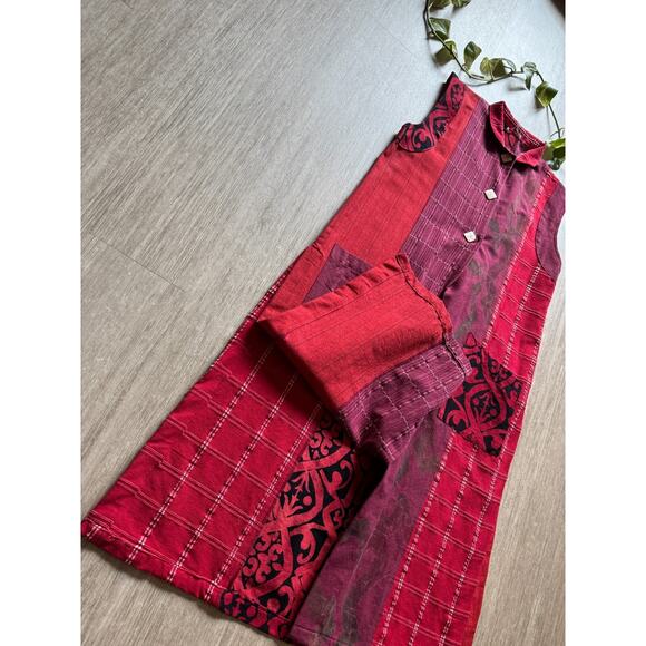 Handmade Woven Cotton Tunic Dress Red Purple Patchwork Sleeveless Folk Boho M - Picture 3 of 7